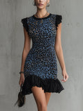 Blue Leopard Print Knitted Ruffle Mini Dress