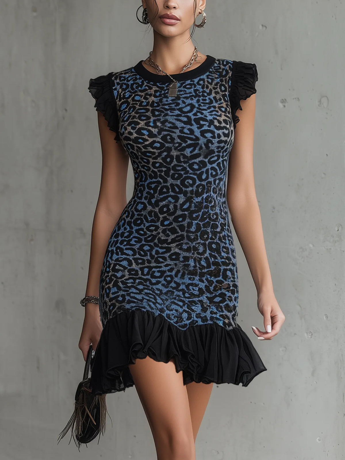Blue Leopard Print Knitted Ruffle Mini Dress