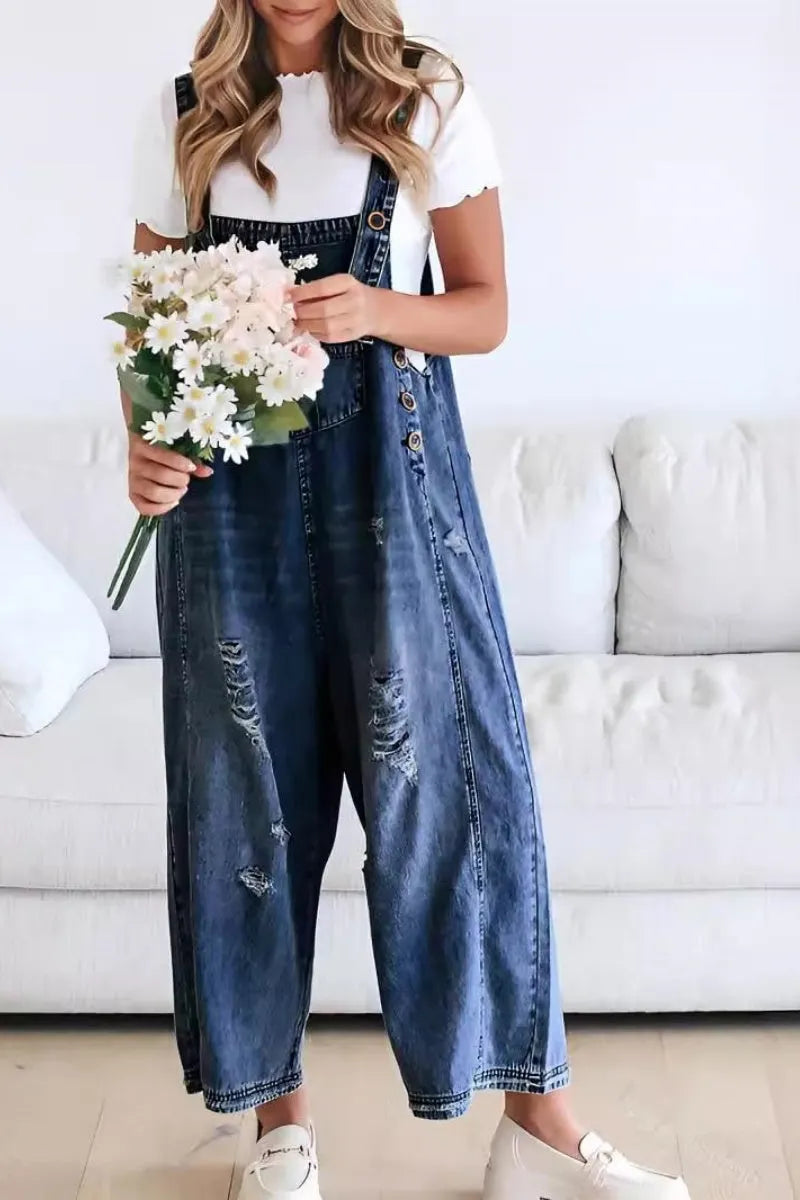 Women's Casual Adjustable Straps Denim Bib Overalls Distressed Ripped Wide Leg Jeans Long Pants Jumpsuits
