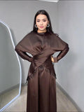 Chocolate Satin Dress & Beaded-Fringe Overlay Set