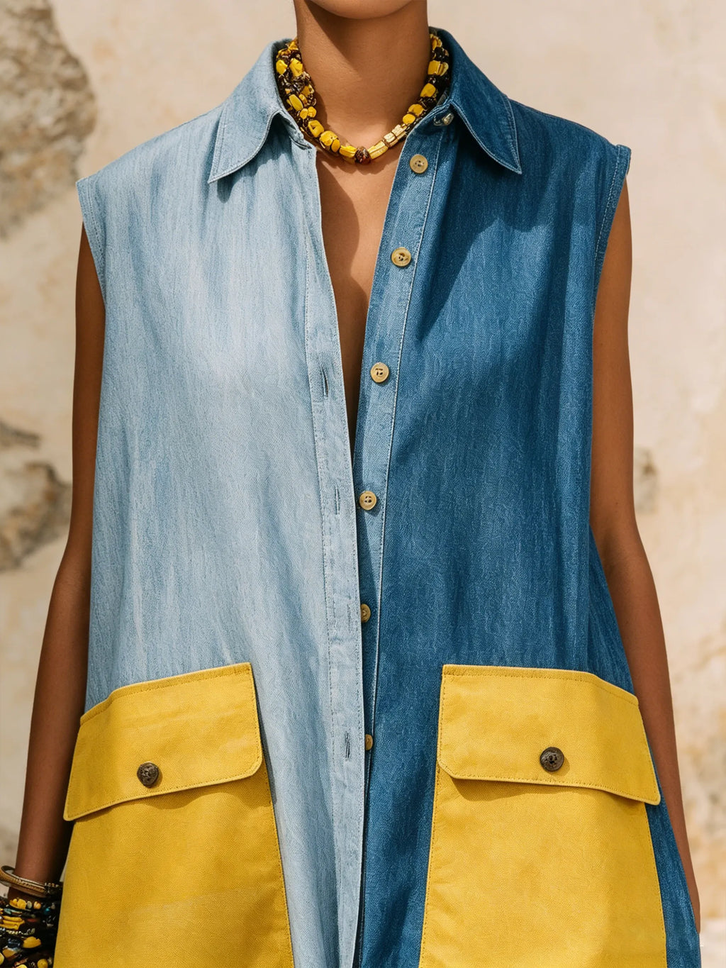 Oversized Color-Block Denim Sleeveless Maxi Shirt Dress With Statement Pockets