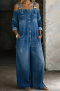 Off Shoulder Denim Jumpsuit - Casual Women's One Piece