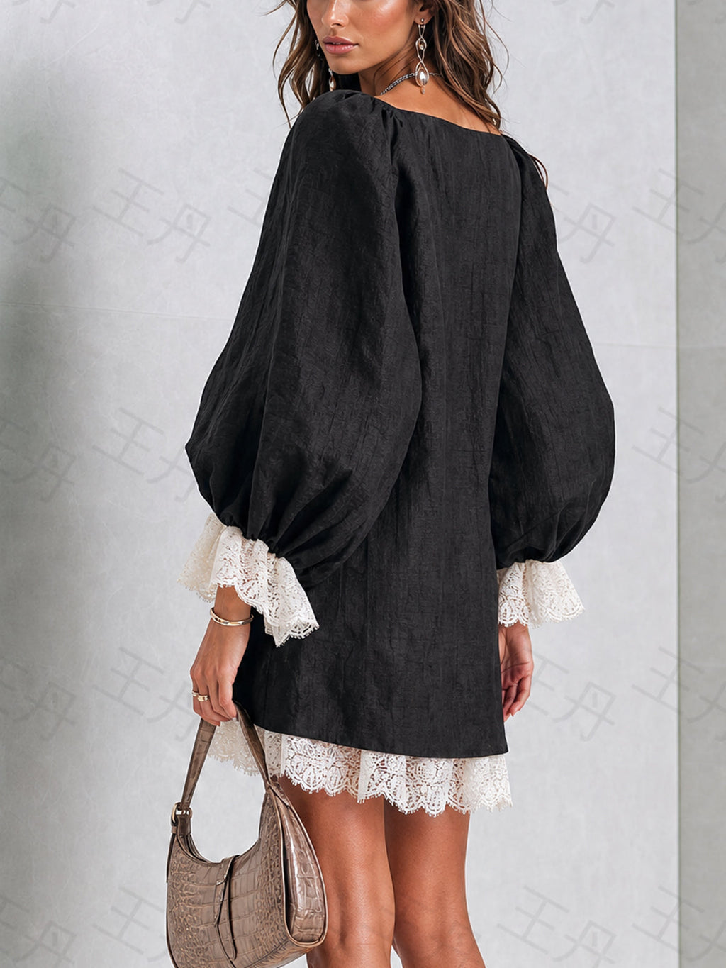 Black Asymmetric Mini Dress With Contrast Lace Trim