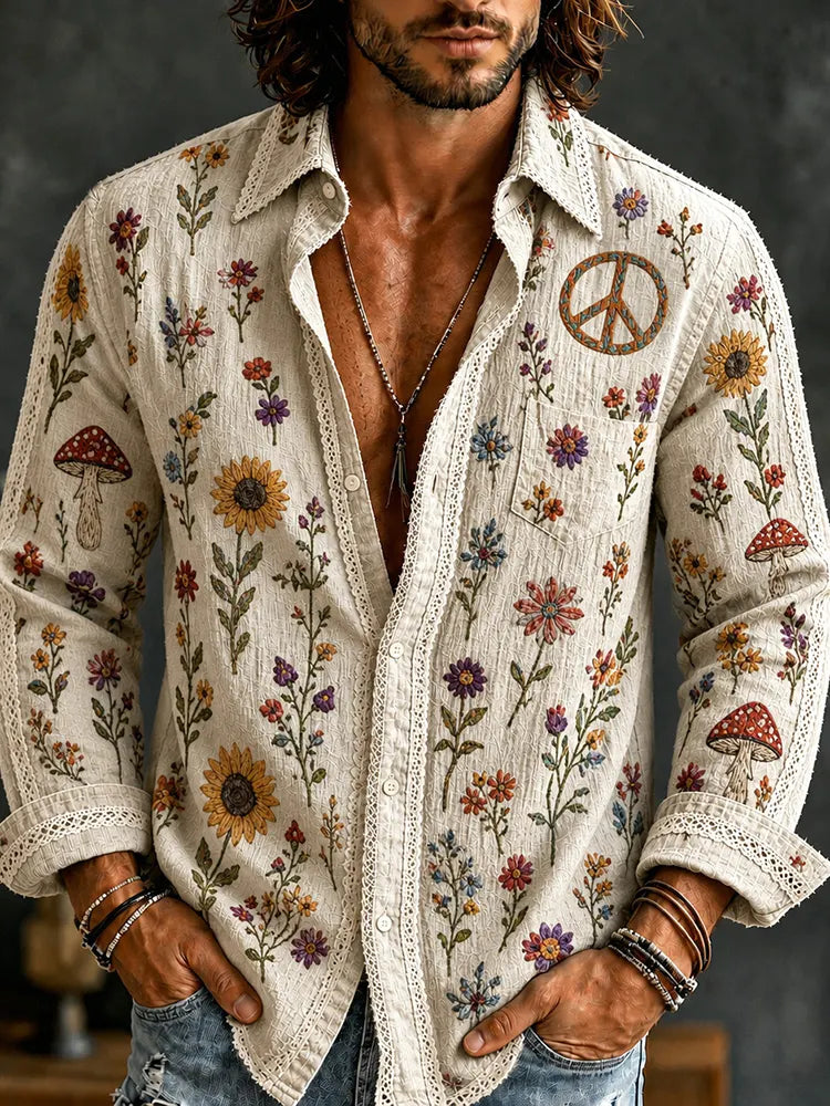Men's Bohemian Floral Patterns Hippie Art Casual Long Sleeve Linen Shirt