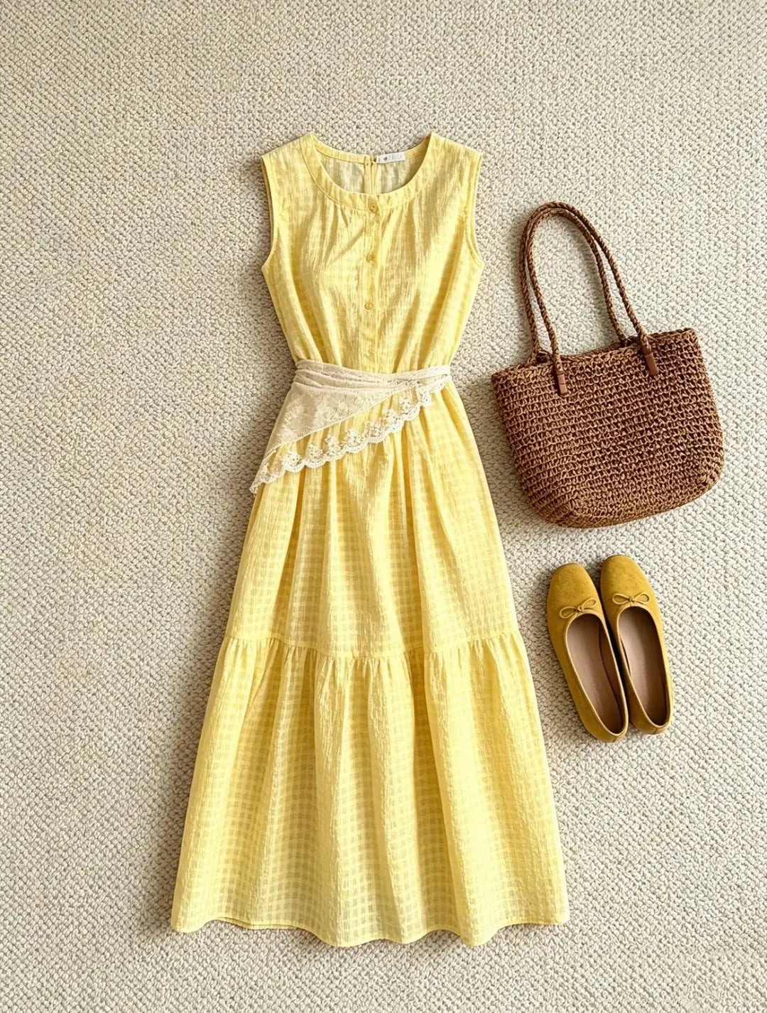 Yellow Gingham Sleeveless Midi Dress