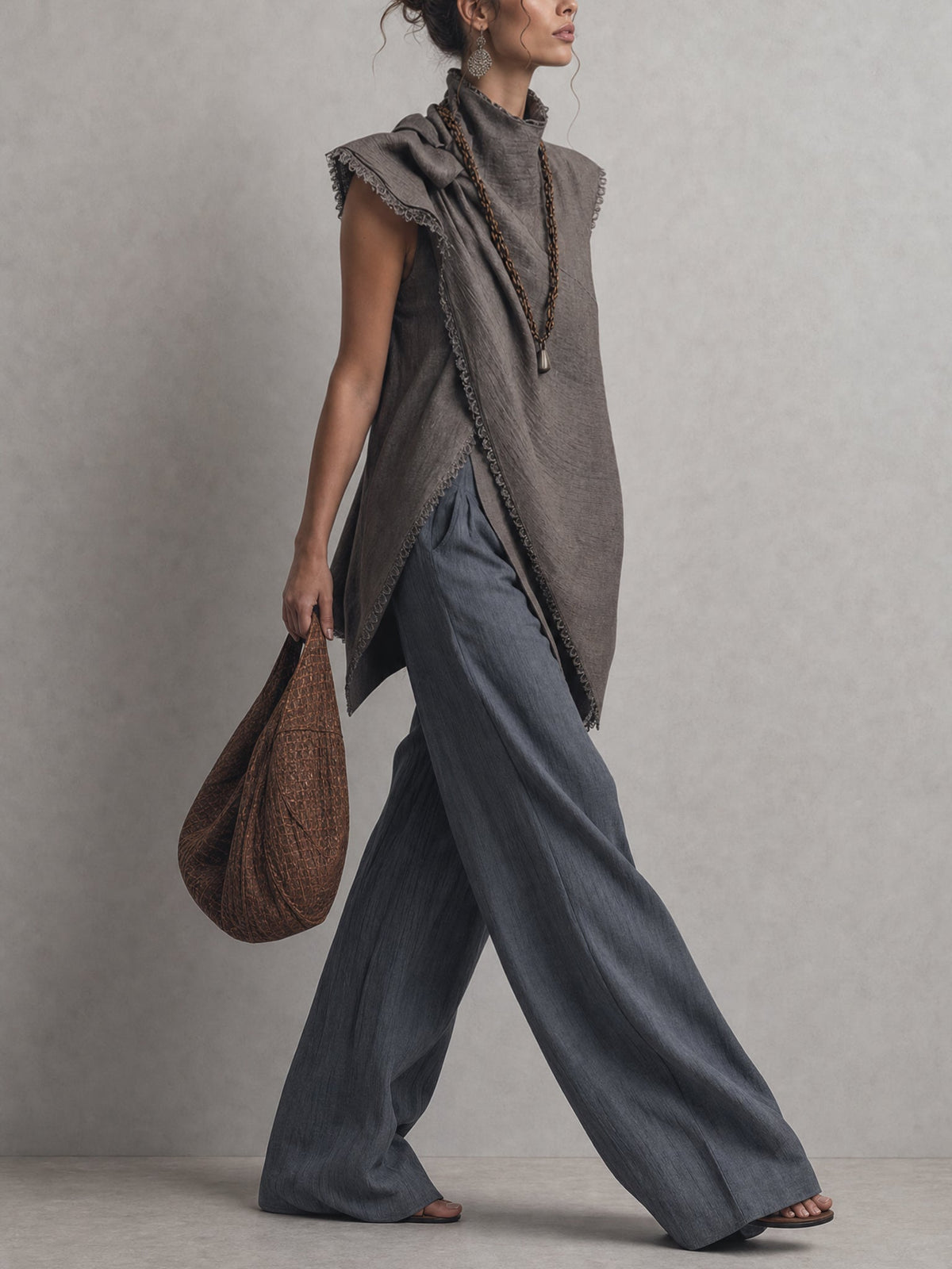 Gray Linen Blend Sculptural Top And Wide Leg Pants Set