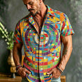 Colorful Geometric Mosaic Embroidery Short Sleeve Shirt For Men, Retro Abstract Circular Print Camp Collar Casual Summer Button Up Top