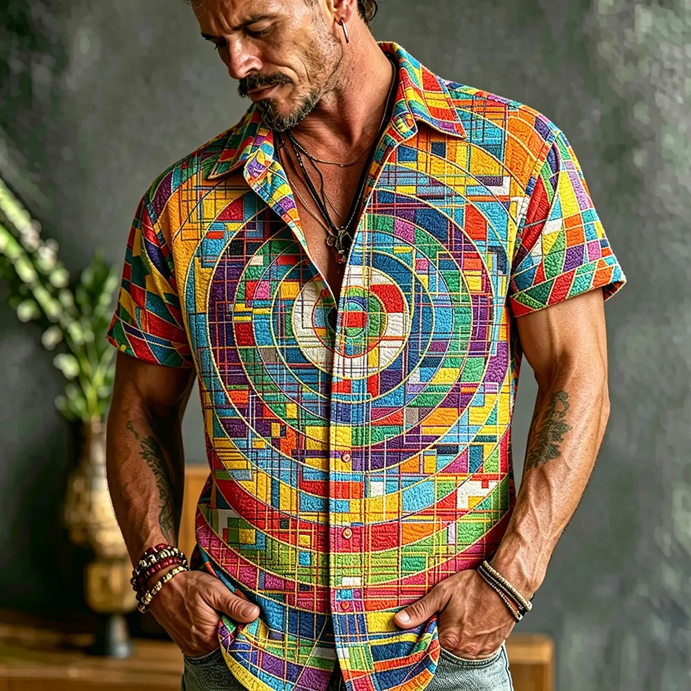 Colorful Geometric Mosaic Embroidery Short Sleeve Shirt For Men, Retro Abstract Circular Print Camp Collar Casual Summer Button Up Top