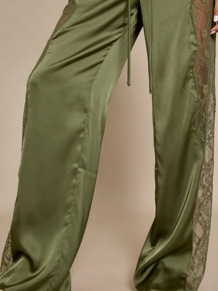 Deep Olive Satin Lace-Trim Drawstring Pants