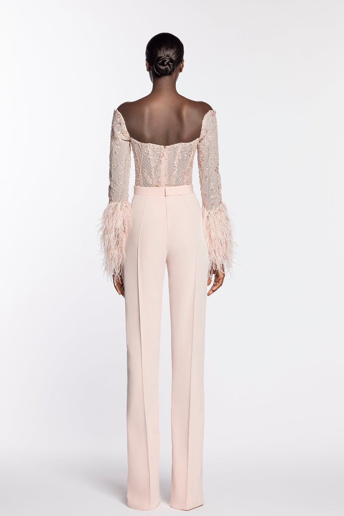 Fully beaded feathered top with crepe pants