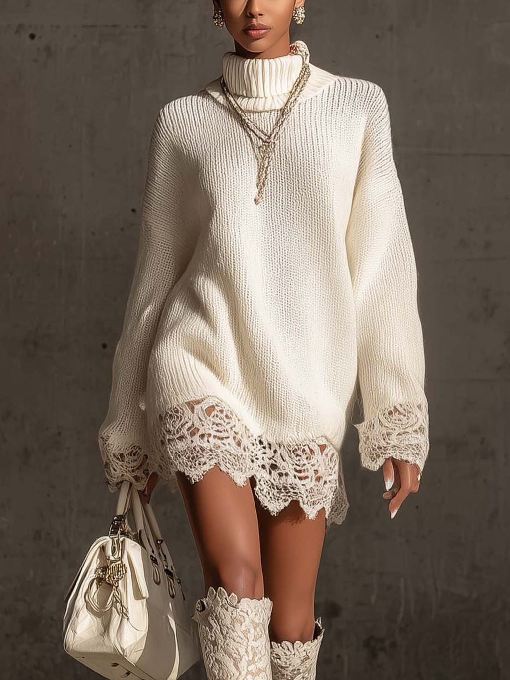 White Turtleneck Knit Mini Dress With Lace Trim
