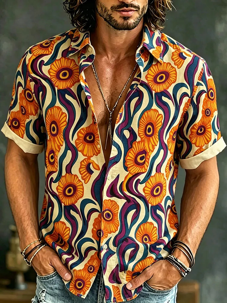 Men's Vintage Hippie Floral Art Print Short Sleeve Linen Shirt