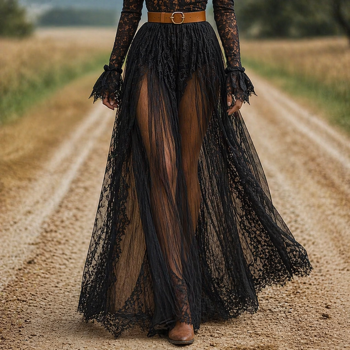 Black Floral Lace Maxi Dress with Ruffled Bell Sleeves