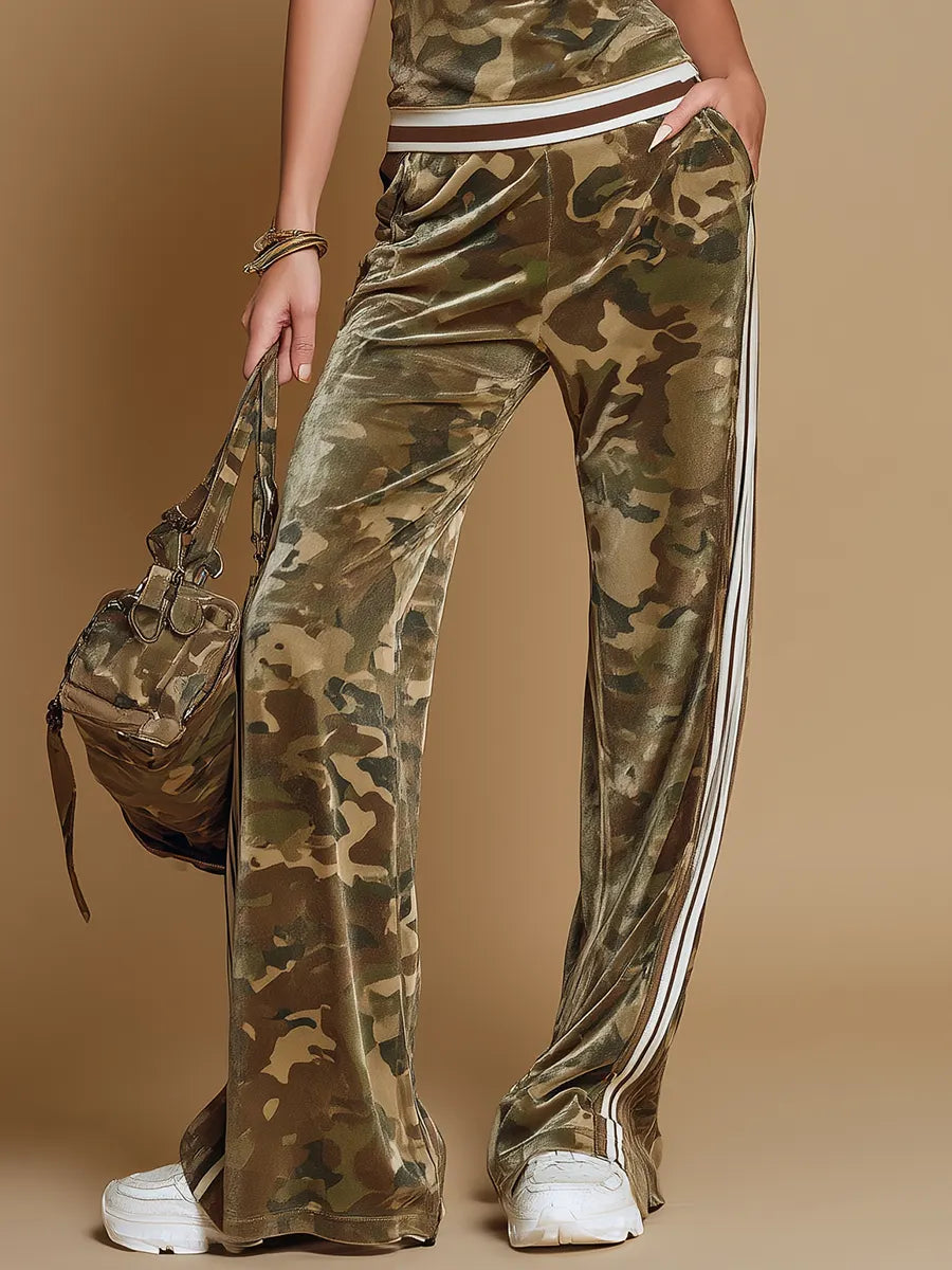 Retro Color-blocked Striped Trim Camouflage Velvet T-shirt And Pants Set