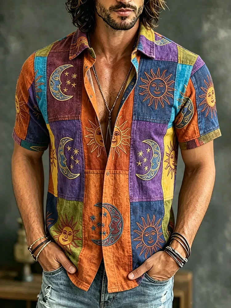 Men's Vintage Hippie Sun Moon Geometric Patchwork Art Short Sleeve Shirt