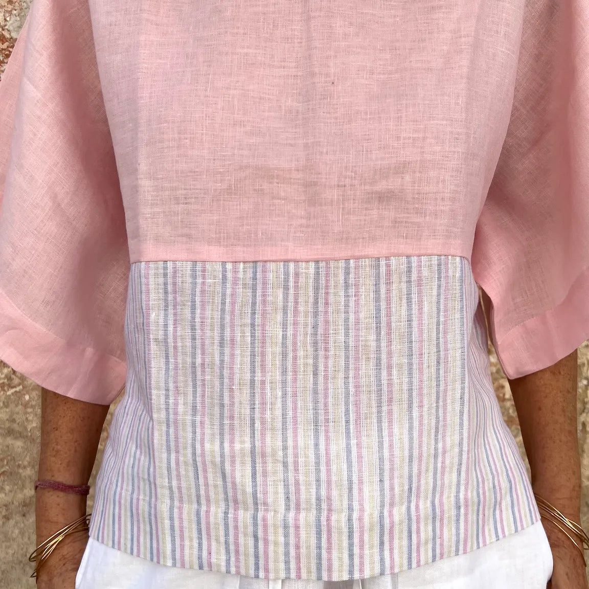 Jill Top New - French Bateau Neck Color-Blocked Striped Linen Blouse | Dadihouse