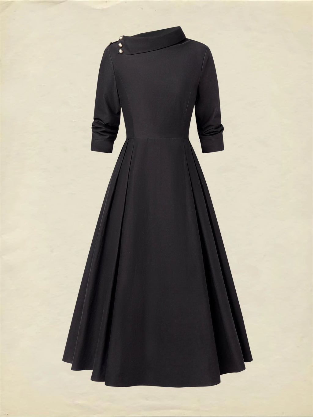 Midi Cotton Dress, Half Sleeve, Shawl Collar, Plain, Pocket Design, Vintage, Crimson