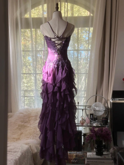 Purple Chiffon Vintage Evening Dresses, Sleeveless Long Party Gowns  25502