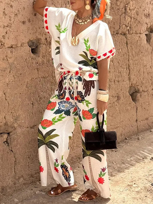 Loose Raglan Sleeve Printed Split-Joint V-Neck Blouses&Shirts Tops