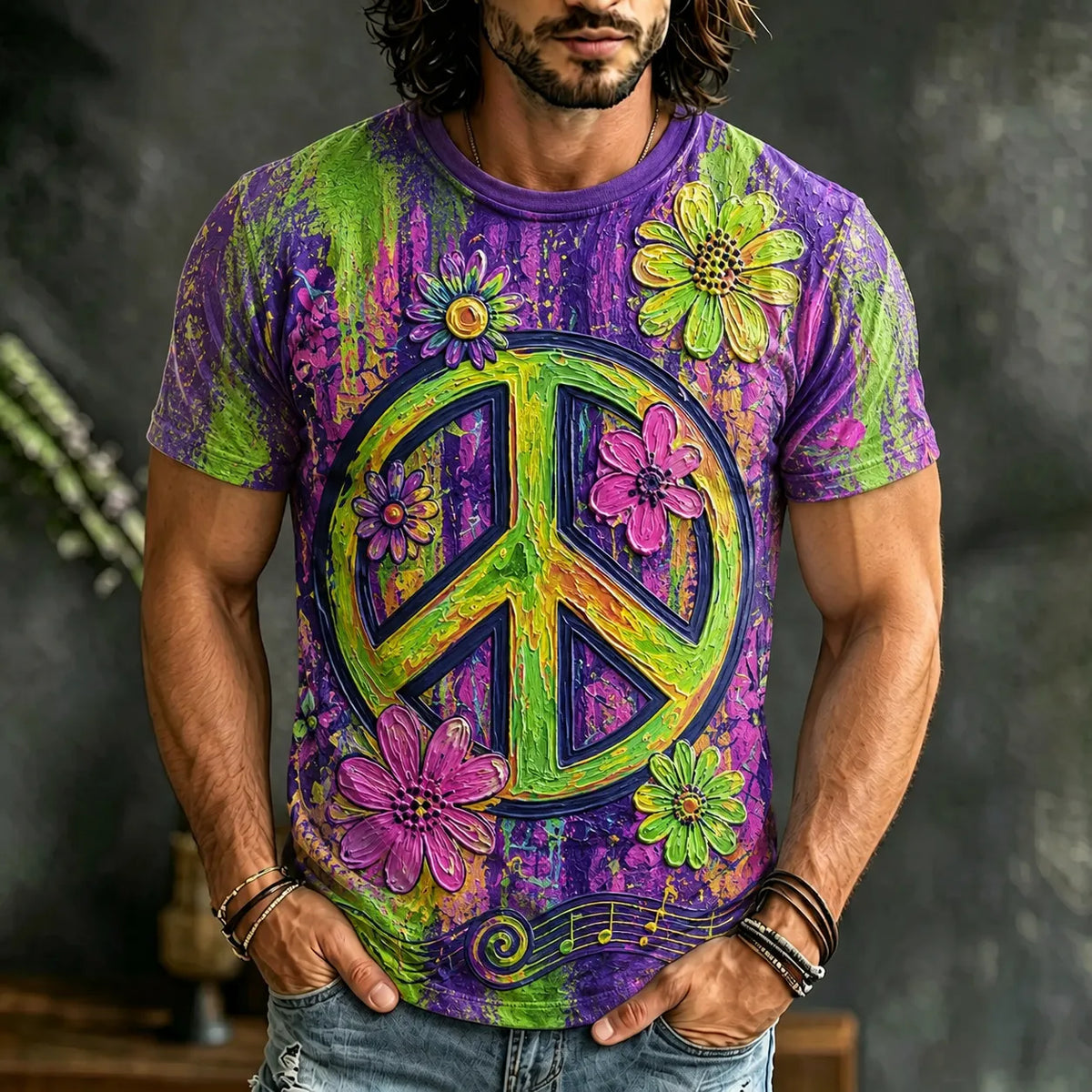 Men's Vintage Hippie Flower Peace Oil Painting Art Print Short Sleeve T-shirt
