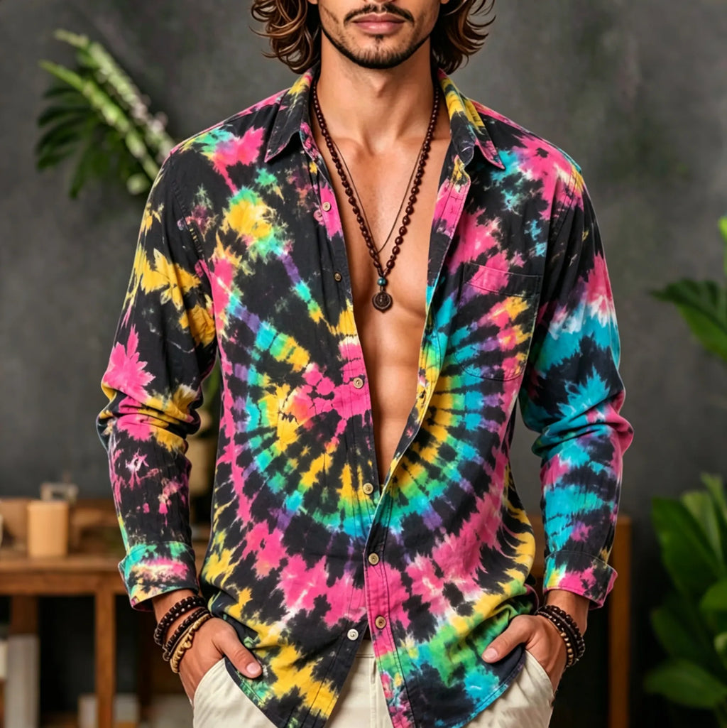 Men's Tie-dye Linen Long-sleeved Shirt