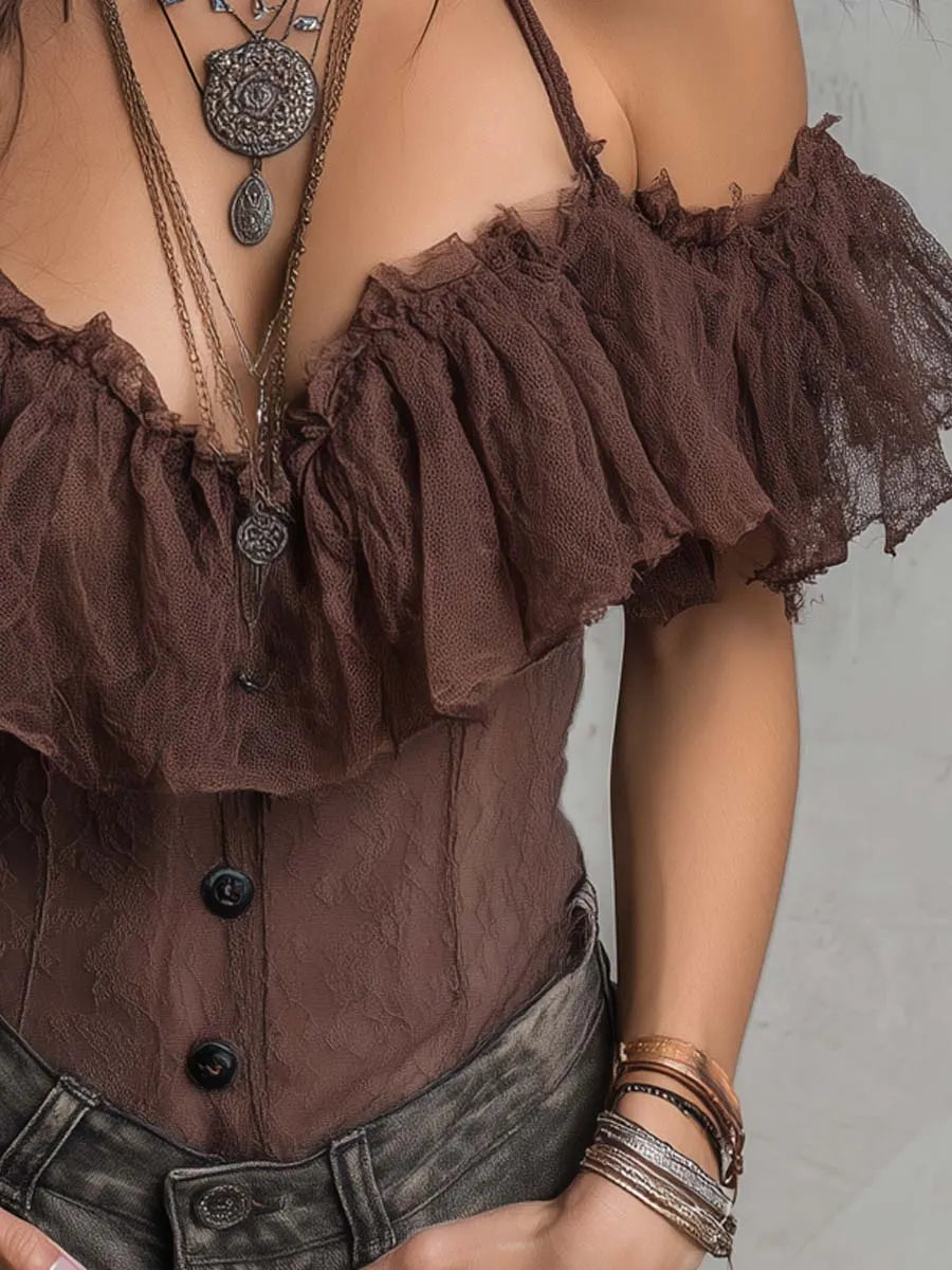 Retro Halter-Neck Off-Shoulder Lace Blouse
