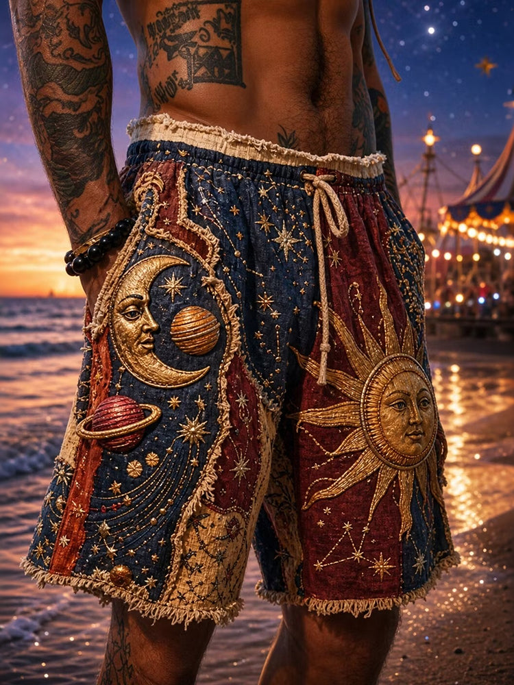 Men's Mysterious Space Sun Moon And Planets Print Casual Shorts