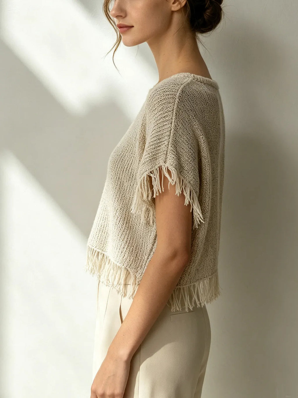 White Textured Fringe Hem Short Sleeve Top