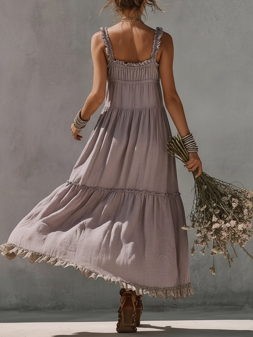 Purple Lace Trimmed Linen Maxi Dress