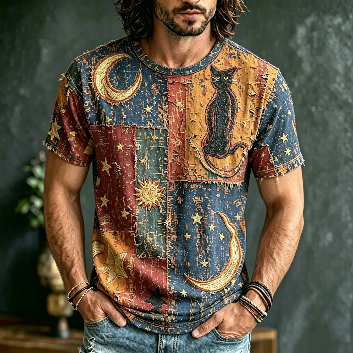 Men's Retro Hippie Style Star And Moon And Cat Embroidered Print T-shirt