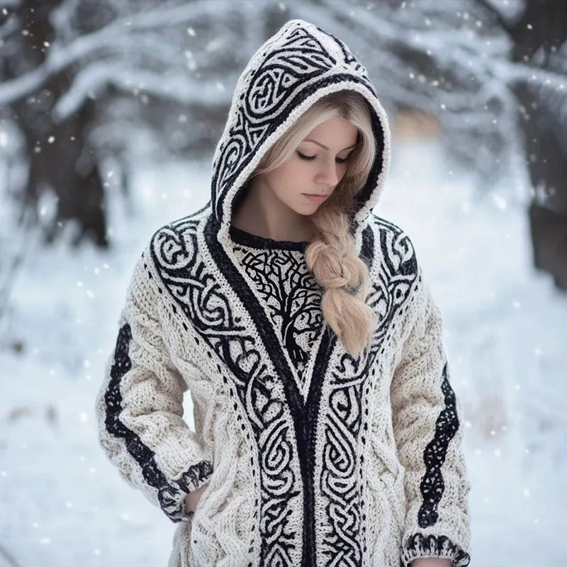 Women's Viking Inspired Celtic Knot Jacquard Knit Hooded Cardigan