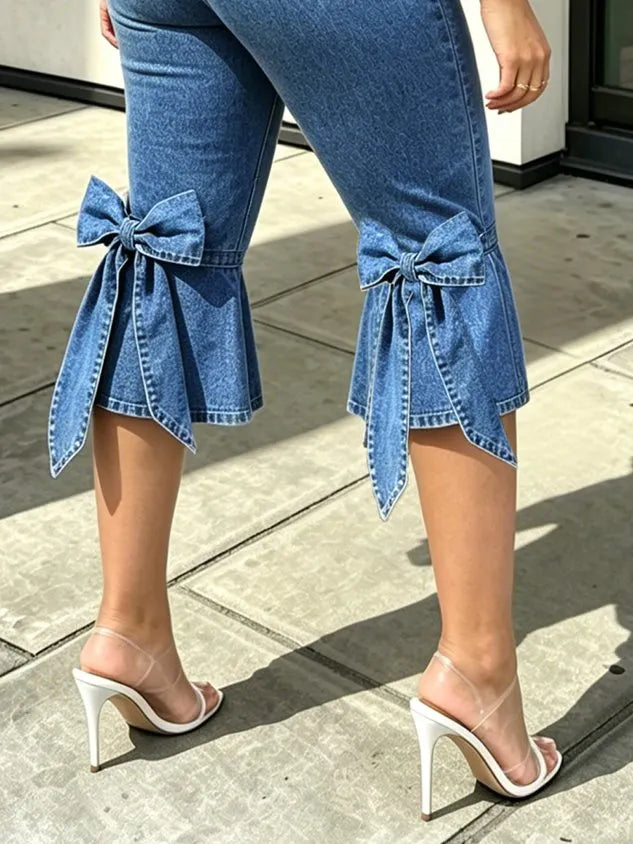 Casual Denim Bow Plain Jeans