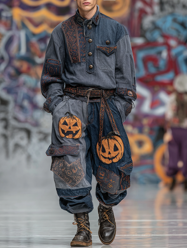 Men's Summer and Autumn Halloween Themed Contrast Pants + Top Set 95e6