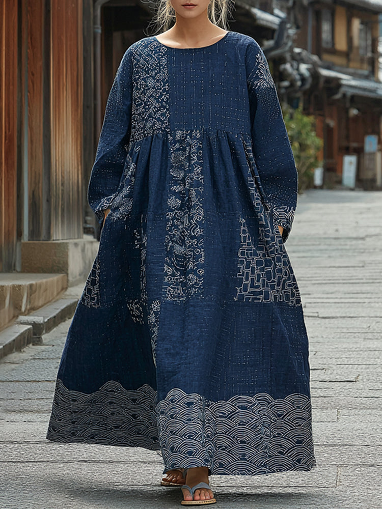 Women's Japanese Waves Art Linen Flowy Maxi Dress