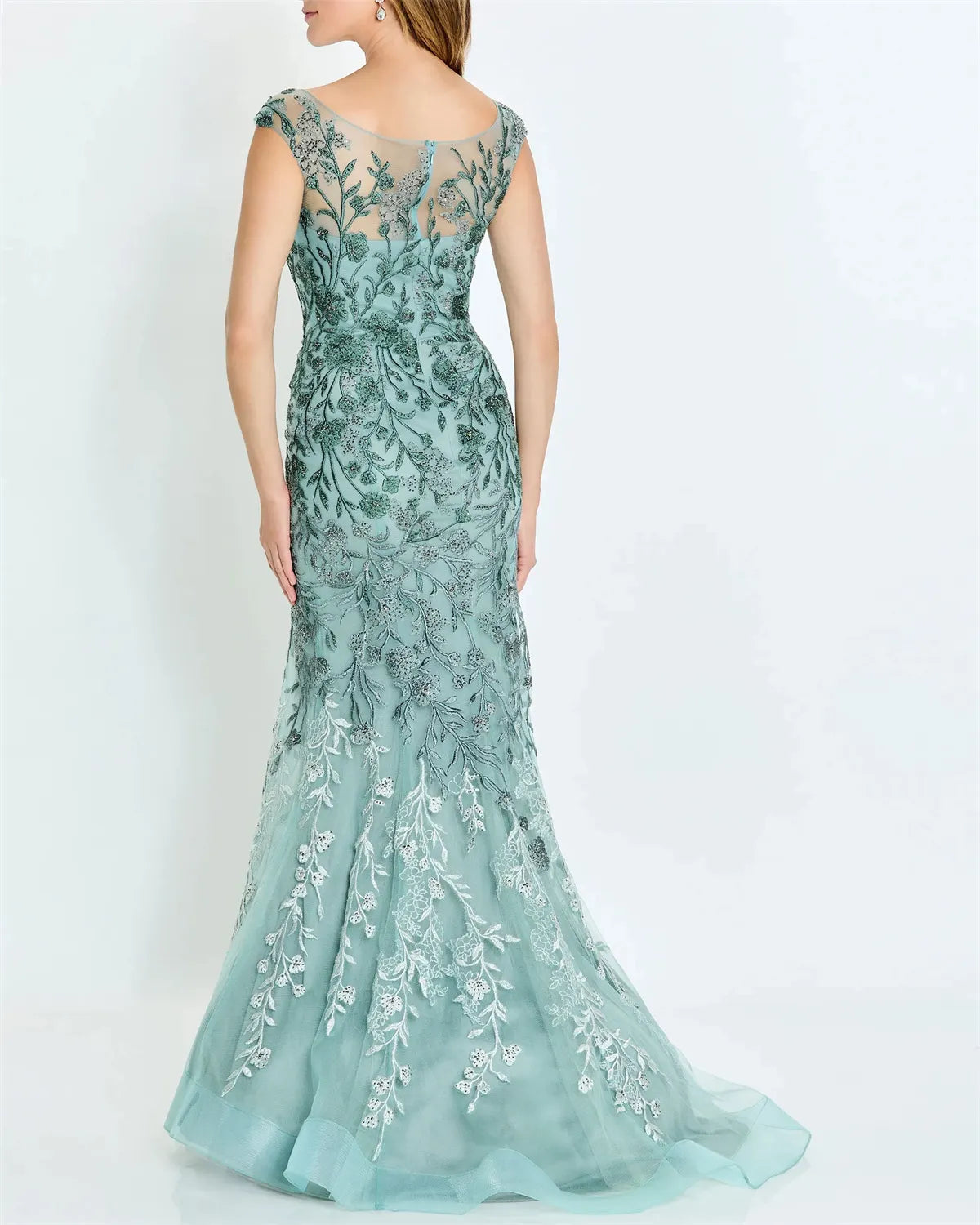 Women's V Neck Embroidered Mesh Evening Dress