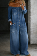 Off Shoulder Jumpsuit for Women - Long Sleeve Denim Style