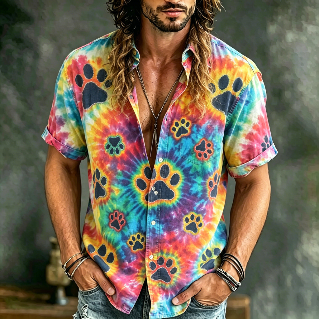 Men's Tie-dye Claw Indian Faux Casual Cotton And Linen Shirt