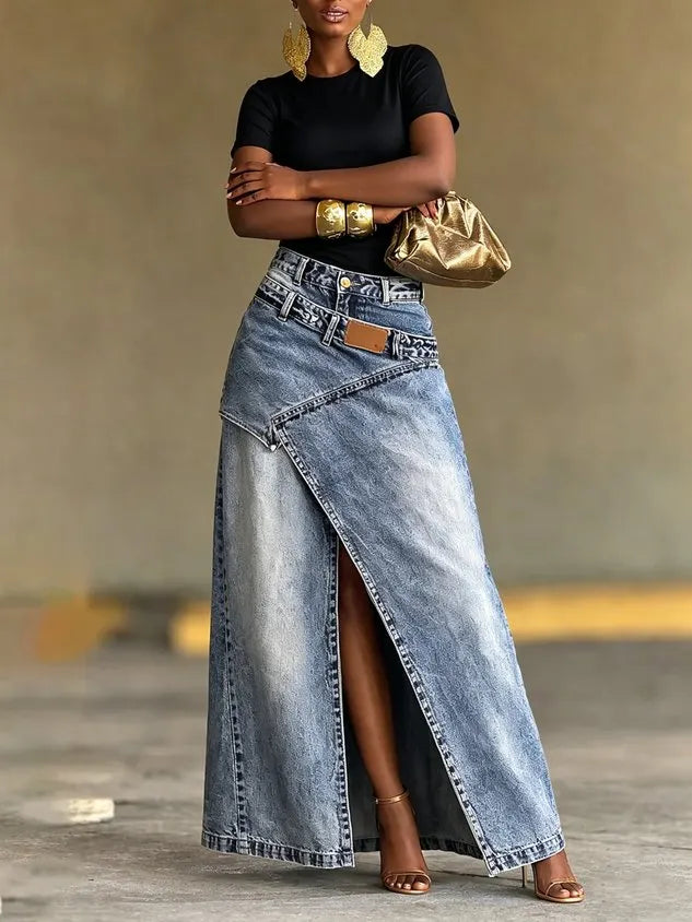 Casual Slit Plain Maxi Denim Skirt