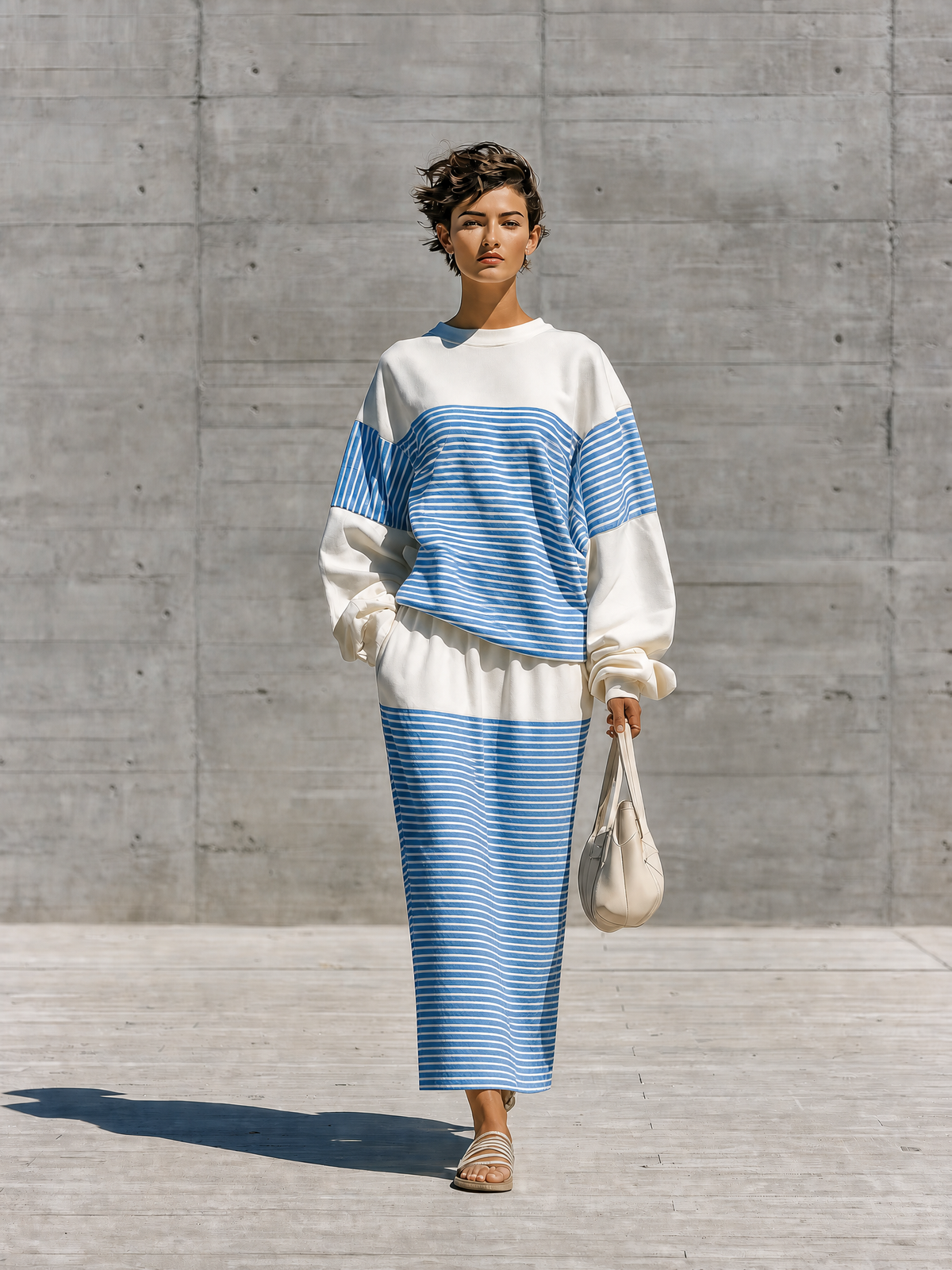 Women's White Blue Horizontal Stripe Color Block Crew Neck Long Sleeve Oversized Top Elastic Waist Midi Skirt Two Piece Set MDZ2790G6YZJ