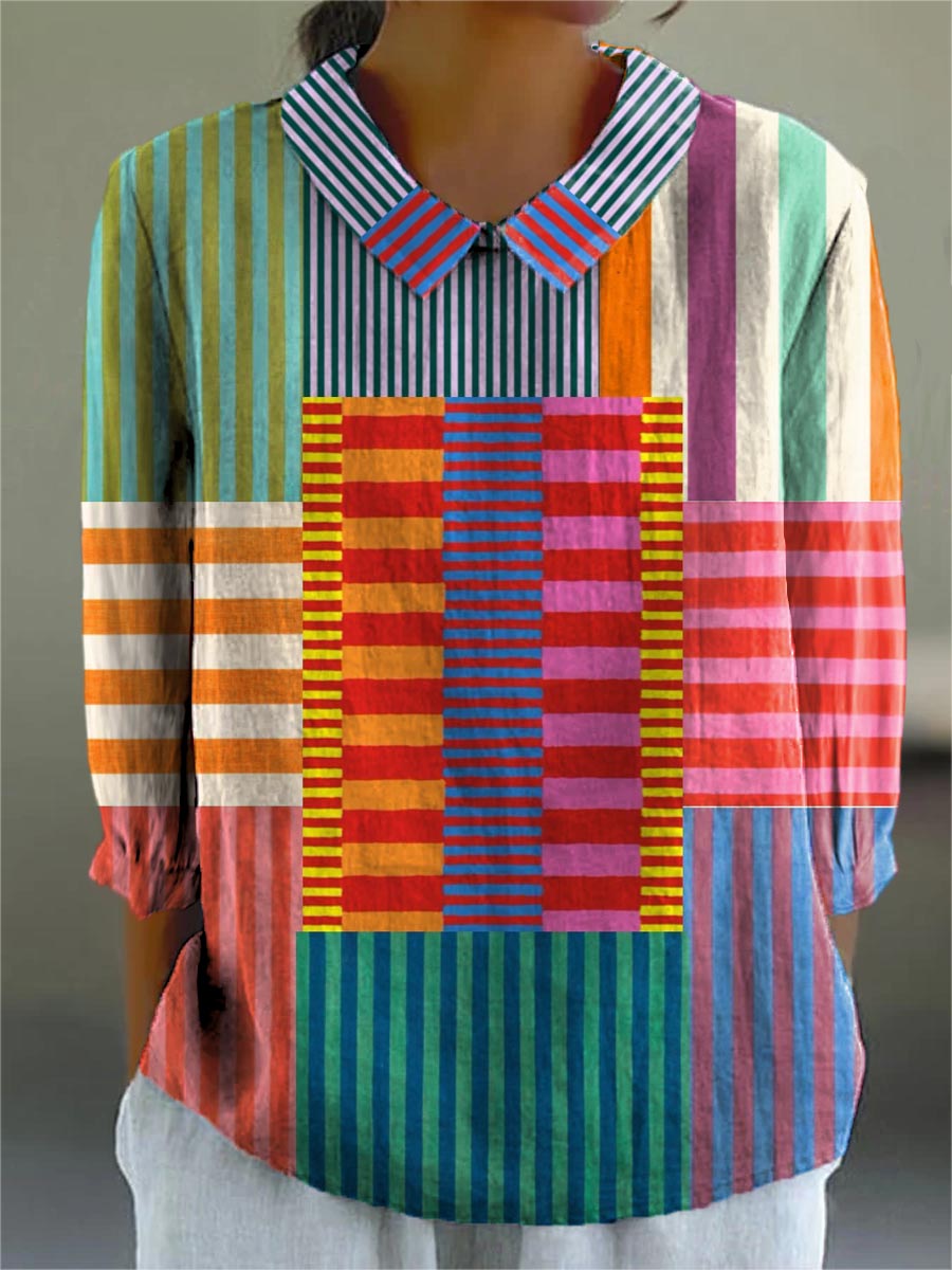 Women’s Colorful Patchwork Striped Cotton Linen 3/4 Sleeve Shirt