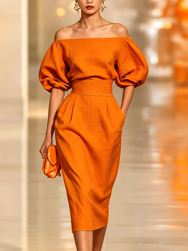 Cotton Elegant Plain Crew Neck Midi Dress