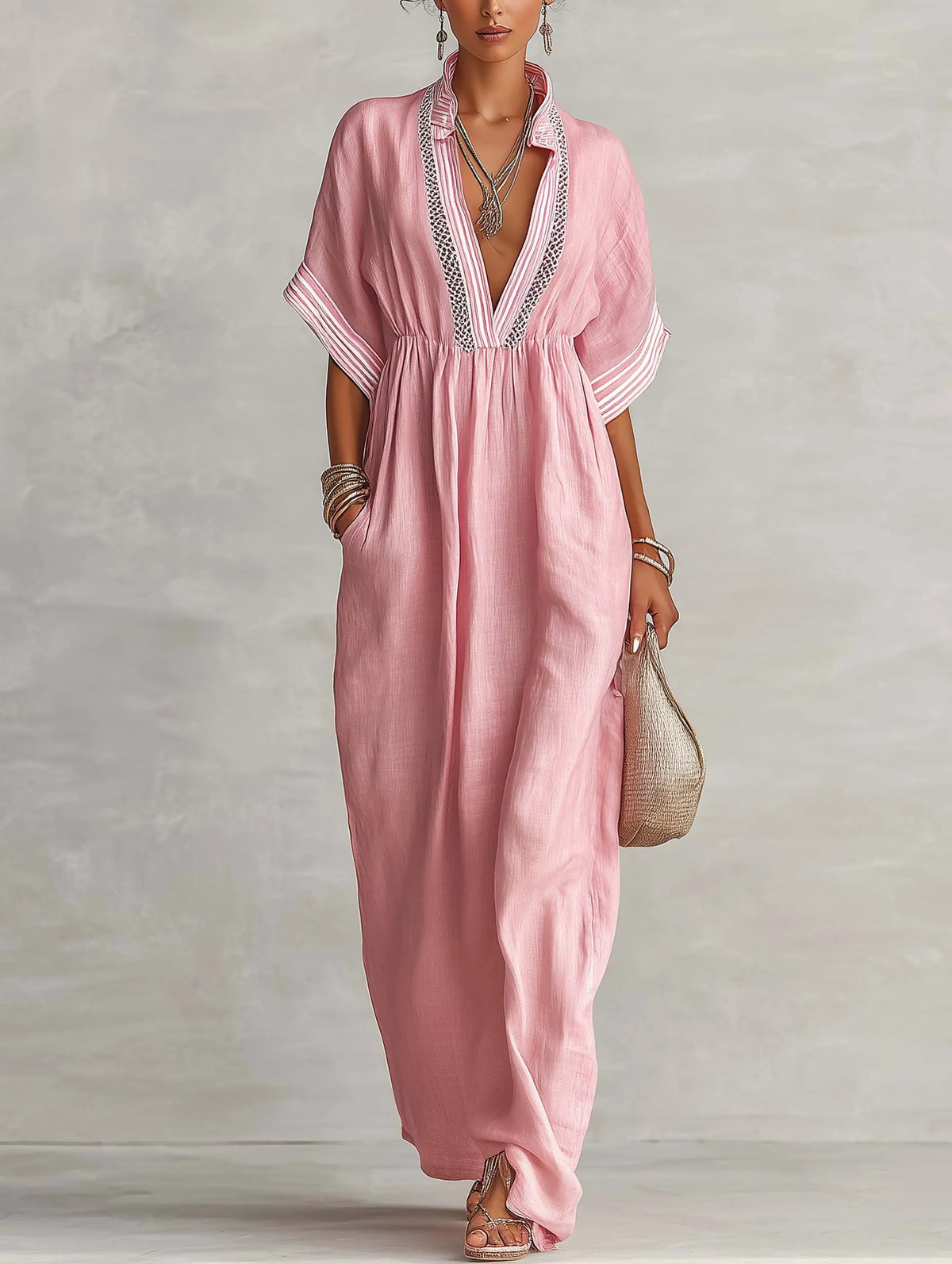 Blush Pink Linen Blend Patchwork Maxi Dress With Deep V-Neck