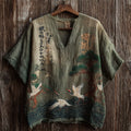 Japanese Calligraphy Cranes & Pine Trees Sea Waves Linen Shirt