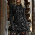 Women's Halloween Skeleton With Rose And Raven Celtic Knit Mini Sweater Dress