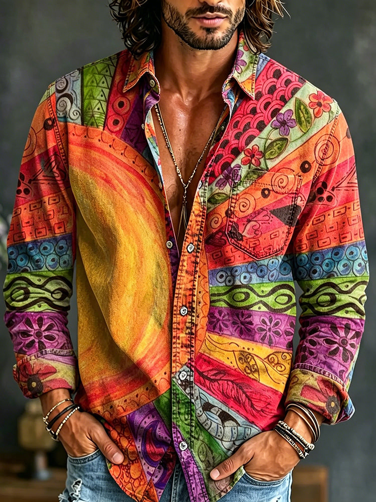 Men's Hippie Vintage Sun Inspirtion Art Print Long Sleeve Linen Shirt