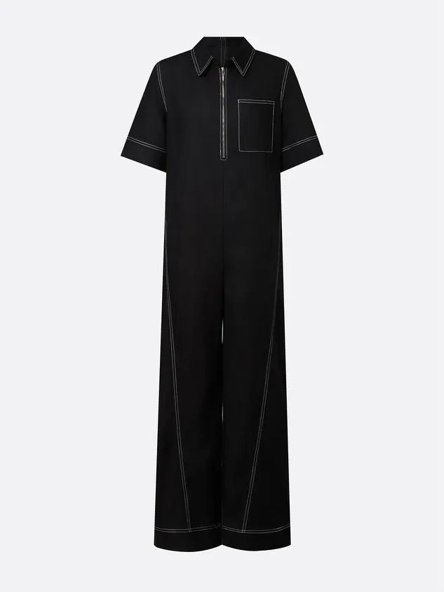 Casual Color Block Shirt Cotton And Linen Jumpsuit