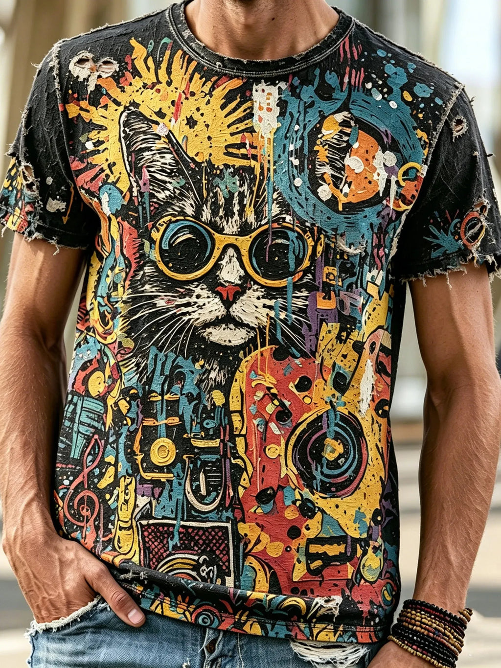 Men's Retro Street Art Hippie Style Cat, Music, And Guitar Graffiti Print T-shirt