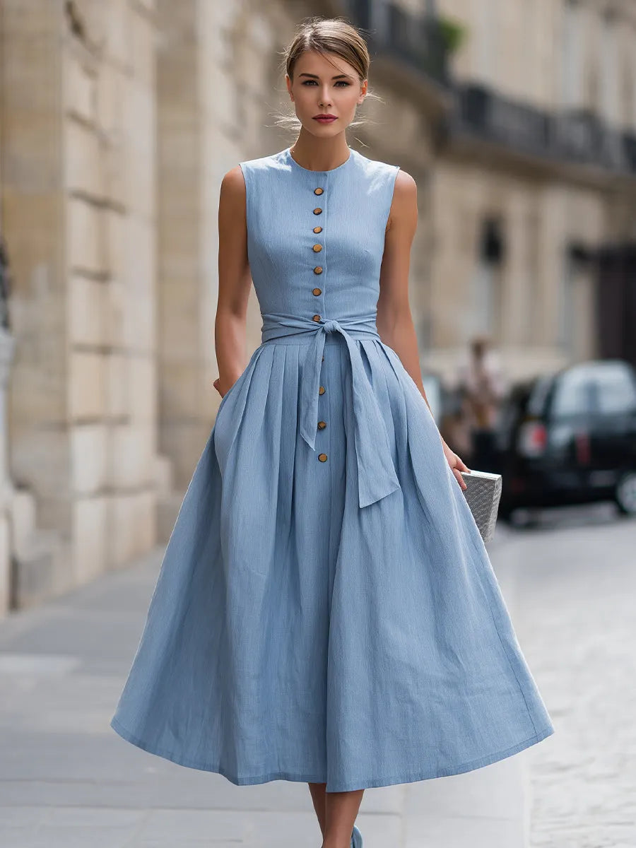 Sleeveless Button-Front Tie Waist Midi Dress