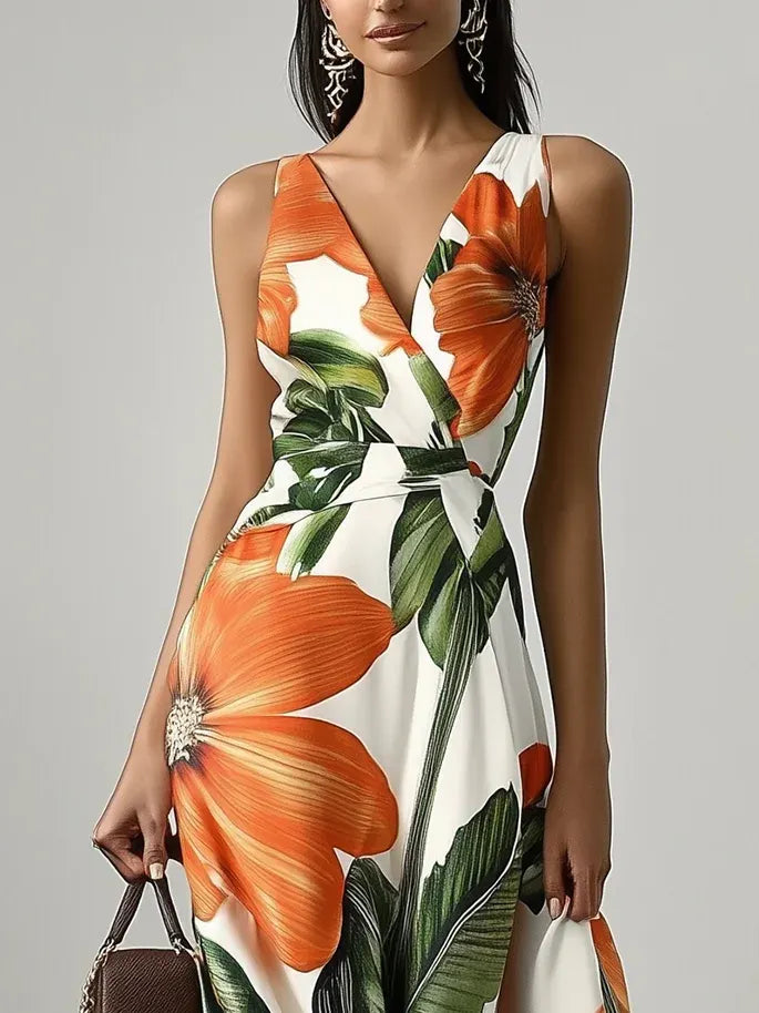 Orange Floral Satin V Neck Sleeveless A-Line Maxi Dress With Pockets