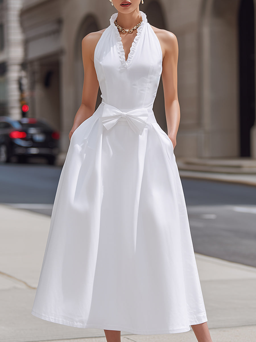 Halter Ruffle Neck Bow Waist Sleeveless A-Line Maxi Dress